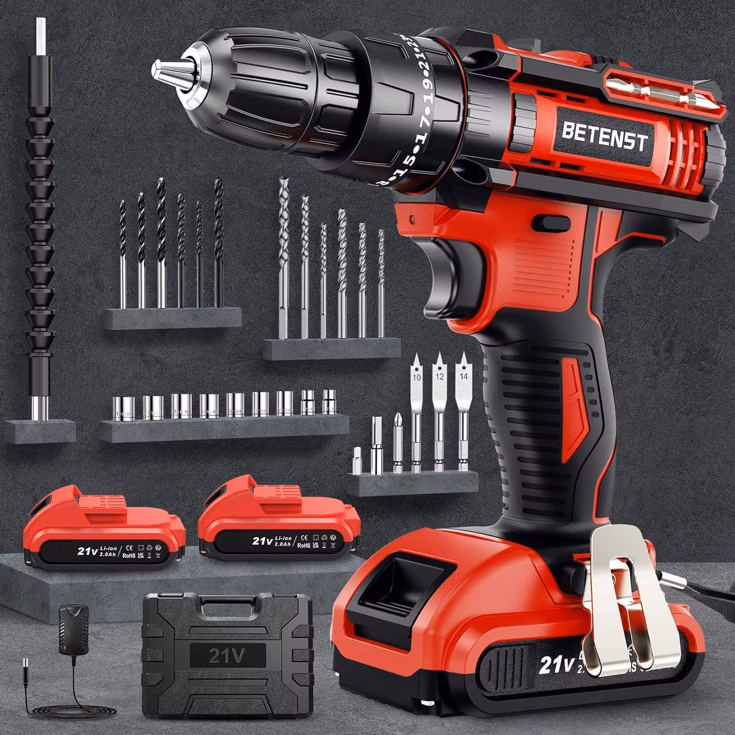 Trapano avvitatore a batteria, 21 V, con coppia di 42 Nm, dotato di 2 batterie da 2,0 Ah, 25 + 3 livelli di coppia, 2 velocità, mandrino autoserrante da 10 mm, luce LED, set di 30 pezzi