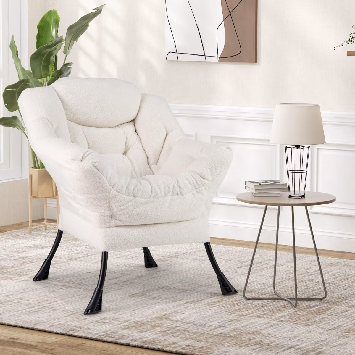 Poltrona lounge moderna Costway in tessuto bouclé beige con braccioli e seduta imbottita per il tuo soggiorno