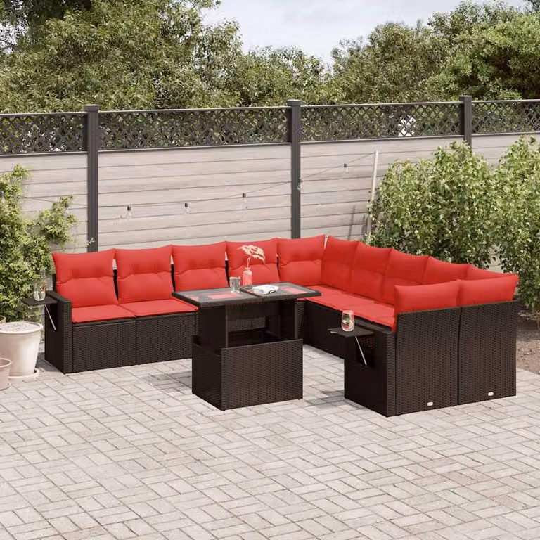 Set di divani da giardino vidaXL in polyrattan marrone con 11 pezzi, compresi cuscini e tavolino da esterno, design moderno a forma di L
