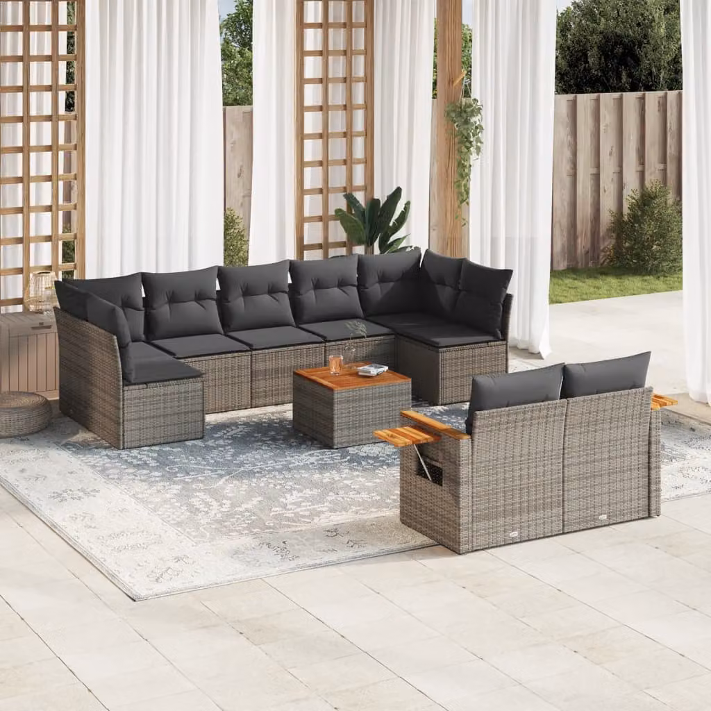 vidaXL Set Divano da Giardino 10 pz a Forma a L in Polyrattan Grigio con Cuscini e Tavolino – 1