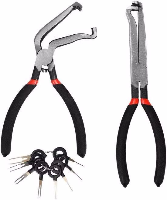 Set di utensili elettrici: 2 pinze e 8 strumenti per la connessione di cavi. Set completo, efficiente per la riparazione di automobili, da utilizzare a mano