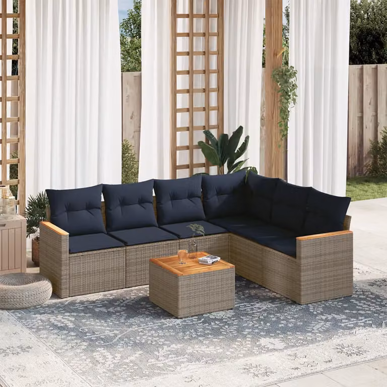 Set da giardino vidaXL composto da 7 pezzi con divano a L, tavolino e cuscini in polyrattan color antracite con struttura in acciaio e cuscini in schiuma con rivestimenti rimovibili resistenti ai raggi UV