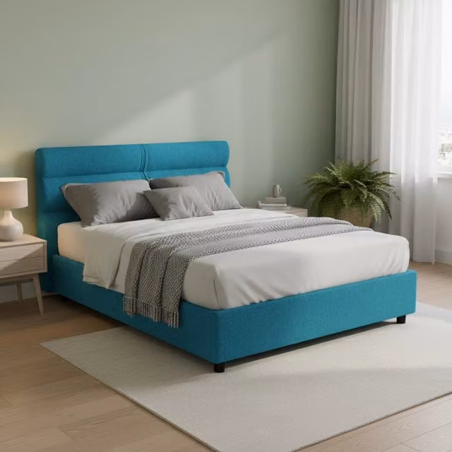 Letto Matrimoniale Moderno DMORA con Contenitore a Sollevamento, Rivestimento in Tessuto Blu, L/P: 160 x 200 cm