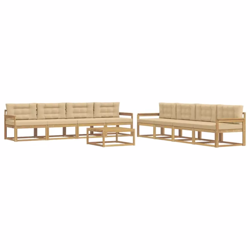 Set di mobili da esterno vidaXL composto da 9 pezzi con divano a 3 posti, tavolino da caffè e cuscini in tessuto bianco e beige con struttura in legno di acacia trattato – 2