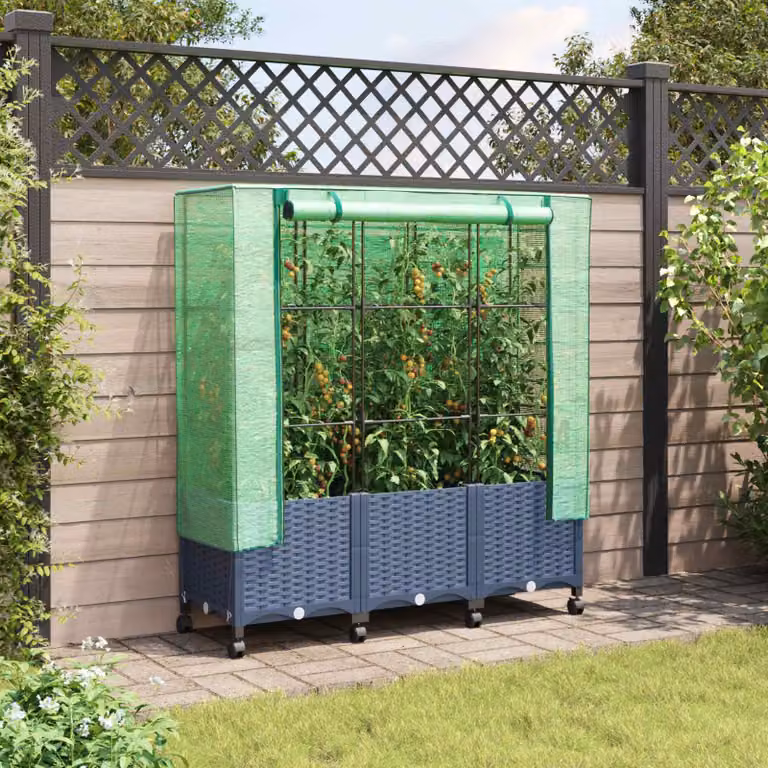 Set di 3 vasi da giardino con copertura per serra e ruote vidaXL in plastica, blu e grigio, L/P/H: 120 x 40 x 144 cm