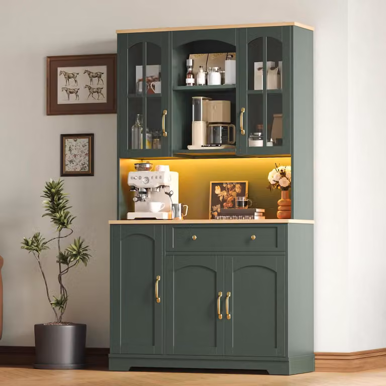 MODFU, mobiletto da cucina 100 x 38 x 176 cm, mobiletto alto tipo buffet con LED RGB e controllo tramite app, dispensa con 2 ante in vetro e un cassetto, colore verde