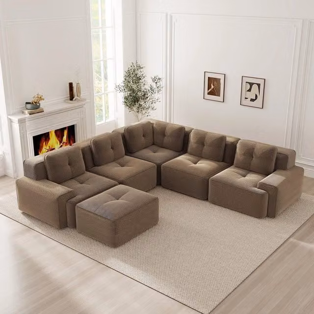 Divano Minimalista con Poggiapiedi in Cord e Velluto Marrone con Funzione Letto e Forma a L
