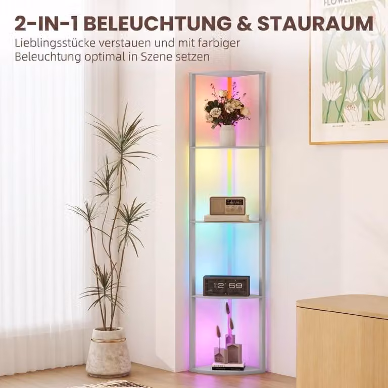 Lampada da terra LED Moonbite, con 5 livelli, ripiani, cambio colore RGB, dimmerabile tramite telecomando, lampada angolare da 163 cm, sostituto del comodino, realizzata in MDF, colore grigio