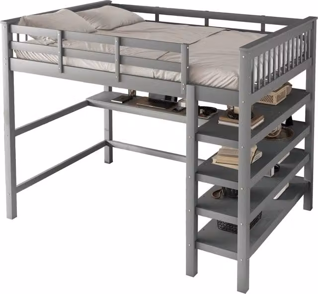 Letto a castello con scrivania REDOM per bambini in legno e MDF, colore grigio, L/P/H: 200 x 140 x 169,5 cm