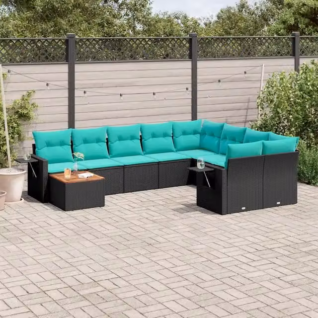 Set Divani da Giardino 10 pz con Cuscini Nero in Polyrattan 3224727