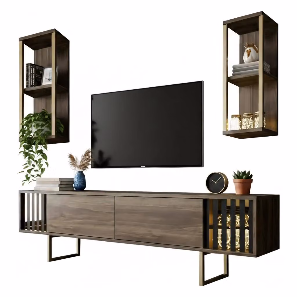 Mobile porta TV Artinay DMORA, Credenza moderna per soggiorno in legno e metallo, L: 180 cm, P: 30 cm, H: 48 cm, Noce e Nero – 2