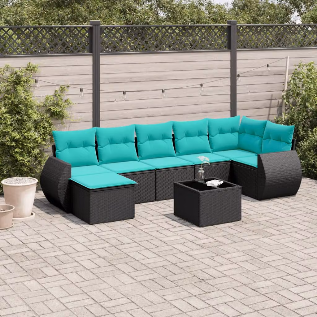 Set da giardino vidaXL in polyrattan nero composto da 8 pezzi con cuscini e tavolino da esterno