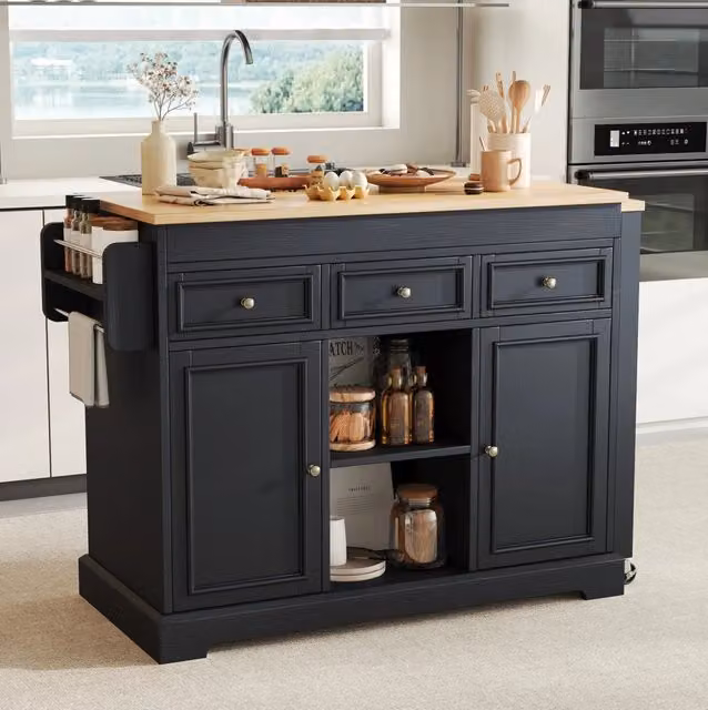 Isola da cucina mobile nera con piano estraibile, scaffale per spezie e cassetti, 112-188×45×92 cm