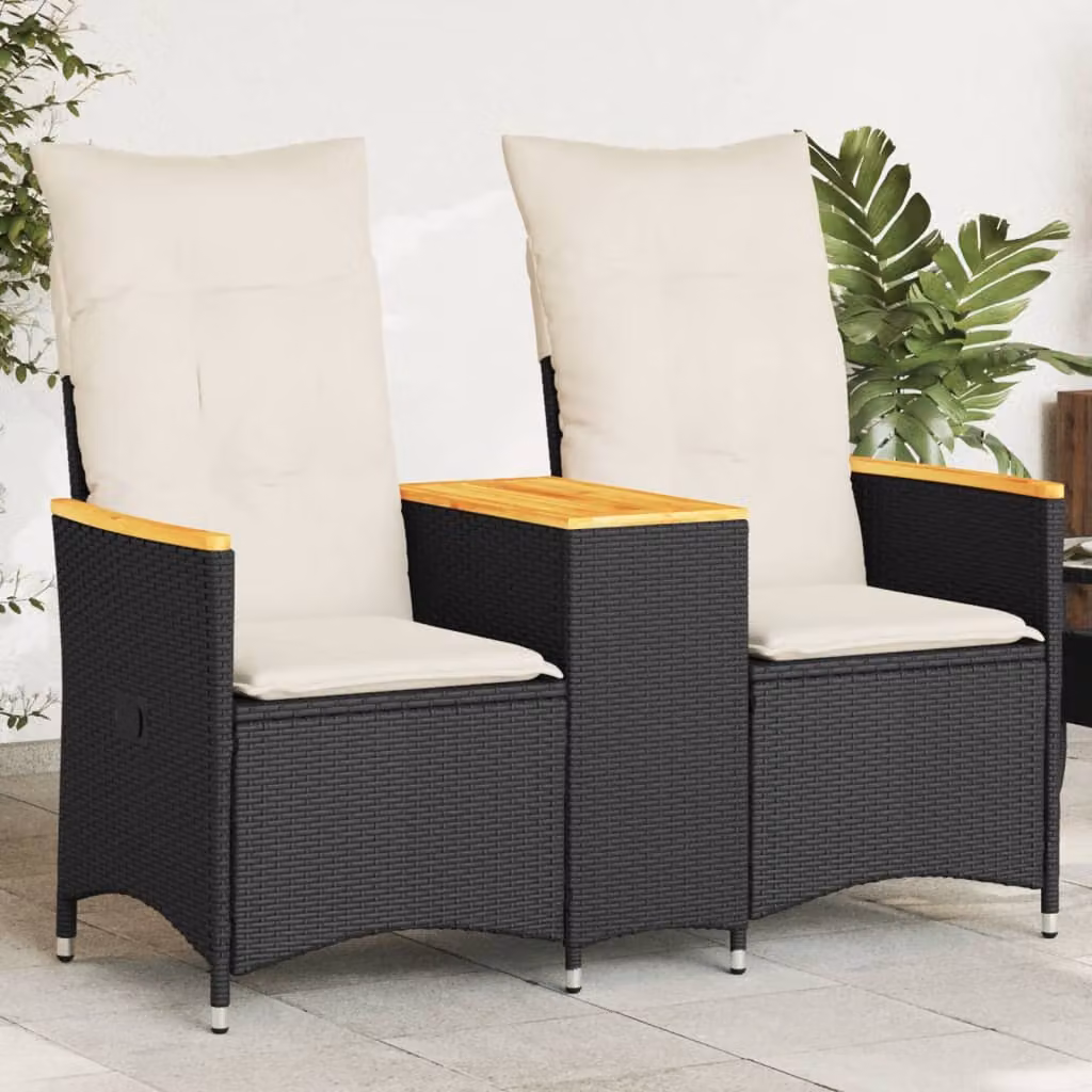 vidaXL Divano da Giardino Reclinabile a 2 Posti con Tavolino in Polyrattan e Cuscini Imbottiti, Colore Nero e Beige