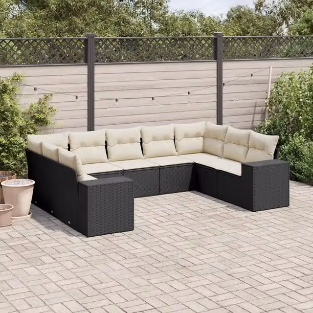 Set Divani da Giardino 9 pz con Cuscini Nero in Polyrattan 3255333