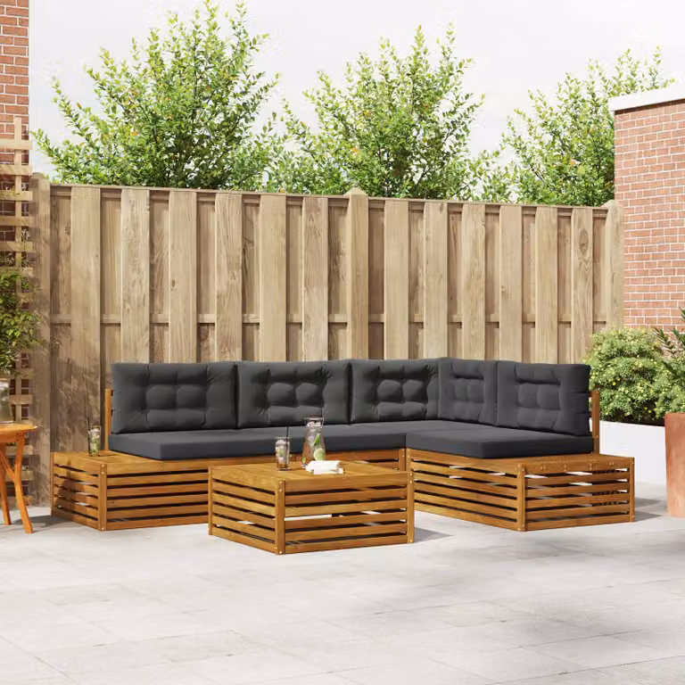 vidaXL Set di divani da esterno a L in legno di acacia con tavolino, beige e antracite