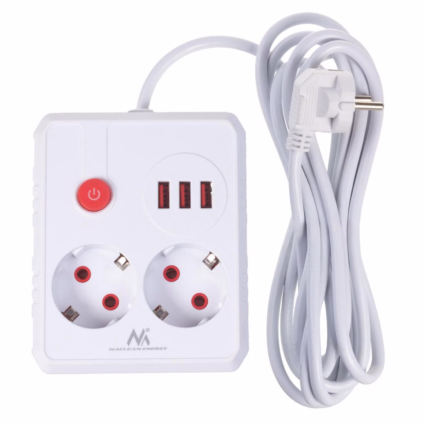 Cavo di prolunga della ciabatta Maclean 2 prese + 3xUSB 110-240V AC 50/60Hz 2,1A max 2500W 3 m bianco MCE388 W