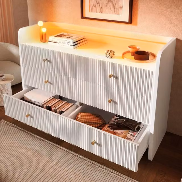 Credenza 120x40x75 cm bianca in truciolare, 6 cassetti con LED