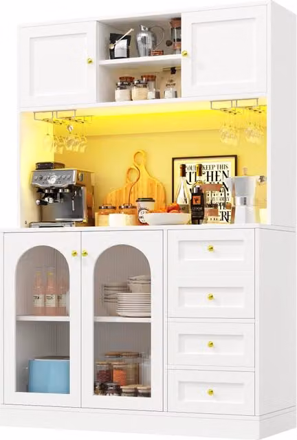 Credenza Moderna con Ante in Vetro e Cassetti, Illuminazione Integrata, in MDF e Metallo, Bianco, L/P/H: 120 x 40 x 188 cm – 1