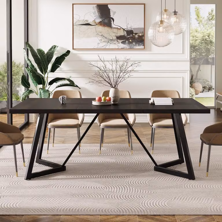 Tavolo da pranzo rettangolare nero, 180 cm, con struttura in metallo, adatto per 4-6 persone