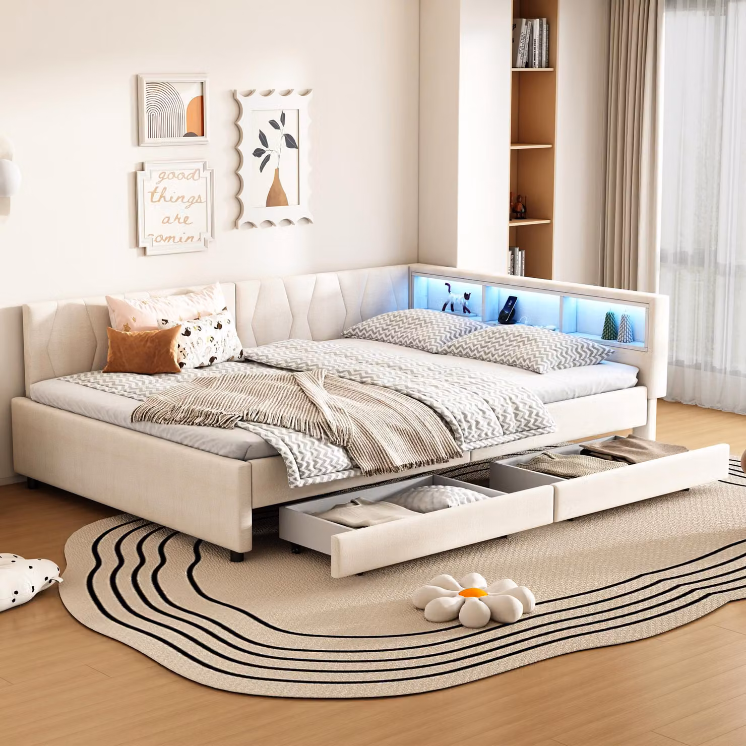 Merax daybed Daybed 140x200 cm, divano letto con LED, USB+Tipo C, 2 cassetti, vano portaoggetti, divano letto, letto imbottito in lino, beige
