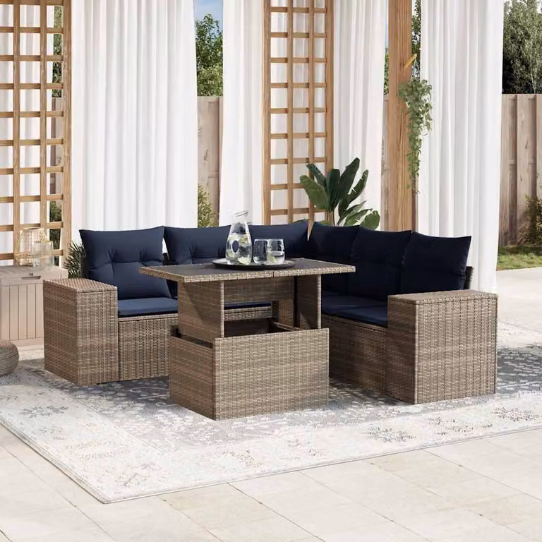 Set di divani da giardino vidaXL in polyrattan con cuscini grigi e blu, 6 pezzi