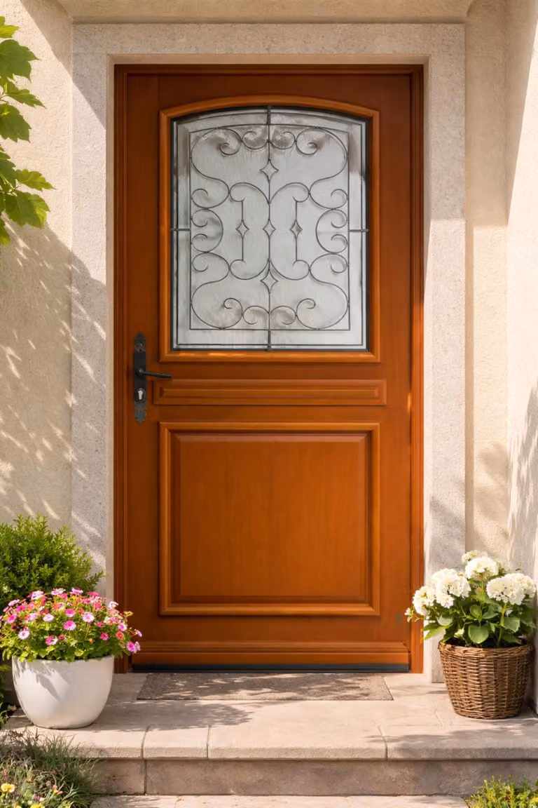 Porta d'ingresso in legno con vetro Perault, H.215xL.90 cm, lato con pannello P. dritto, GD MENUISERIES