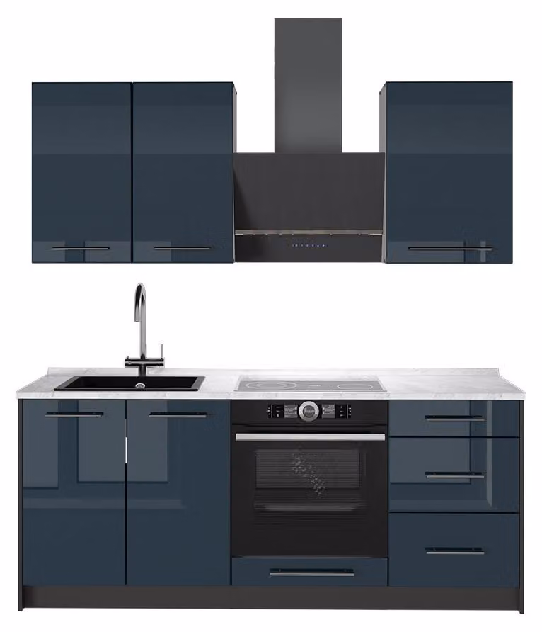 Cucina monoblocco Vicco Fame-Line Blu scuro lucido/Antracite 190 cm, PL Marmo, Model 64857