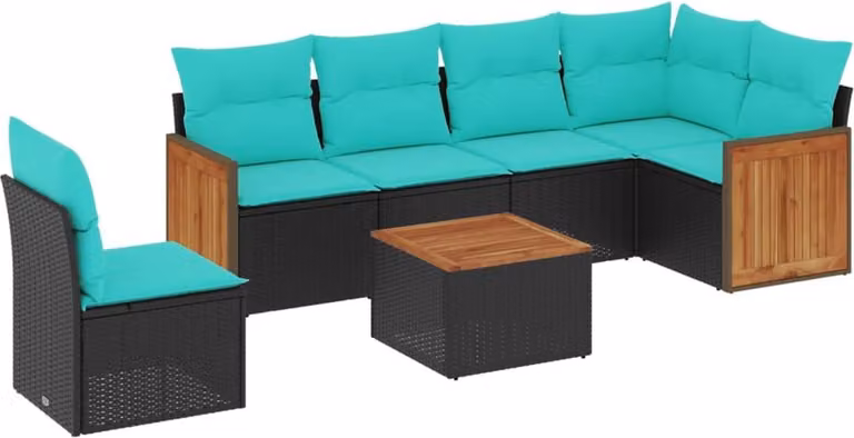 Set Divani da Giardino 7 pz con Cuscini Nero in Polyrattan