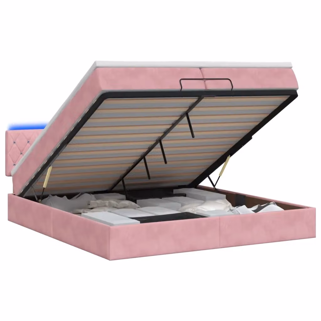 Letto Ottomano con Materasso e LED vidaXL in Velluto Rosa e Bianco con Base a Sollevamento e Porte USB L/P/H: 200 x 200 x 88 cm – 2