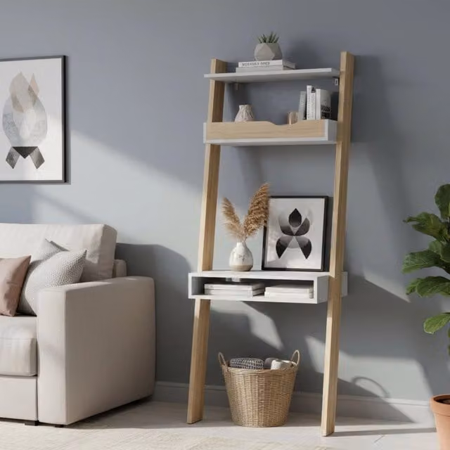 Scrivania moderna DMORA in legno e MDF, colore bianco e rovere, L: 180.4 cm, P: 48.1 cm, H: 65 cm