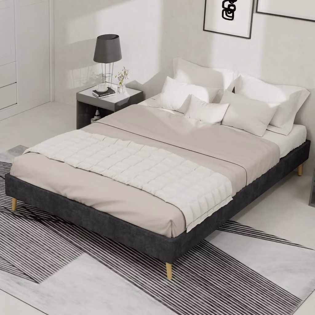 Letto matrimoniale moderno con testiera in tessuto e metallo, grigio, L/P/H: 140 x 200 cm – 2