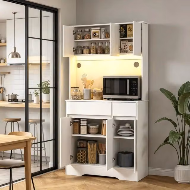 Alta credenza da cucina con illuminazione LED RGB, piano di lavoro, 6 ante e 2 cassetti, mobile contenitore per la cucina
