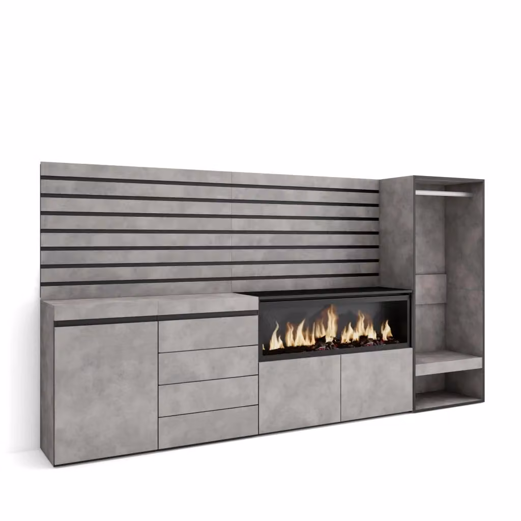 Credenza con Camino Elettrico XXL Skraut Home, Armadio Aperto e Cassettiera per Camera da Letto, Grigio Cemento, L: 274 cm, P: 35 cm, H: 145 cm – 2