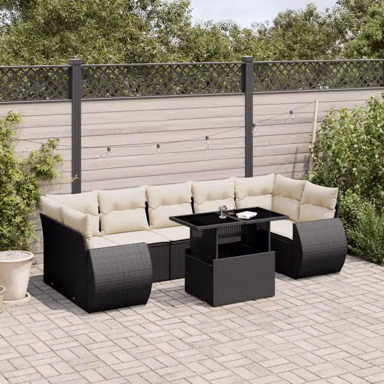 Set Divani da Giardino a L vidaXL in Polyrattan Nero con 8 Cuscini e Tavolino da Esterno