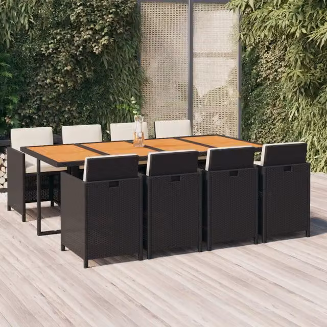 Set da Pranzo da Giardino 9 pz con Cuscini Nero in Polyrattan 3095572