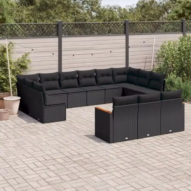 Set di Divani da Giardino VIDAXL a Forma di U in Polyrattan Nero con 13 Pezzi e Cuscini