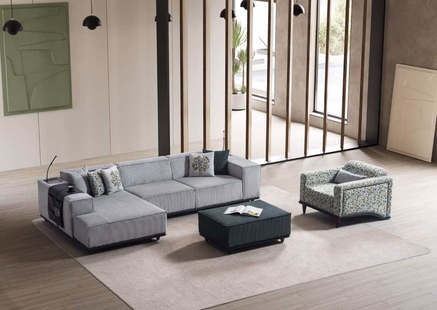Stilvolle Garnitur Stoffsofa Designer Hocker Polstersessel 3-tlg
