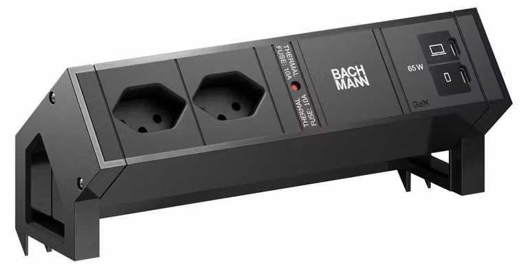 BACHMANN DESK2 2xCH 90° 1xUSB C/C 65W, L=0,2 m RAL9005