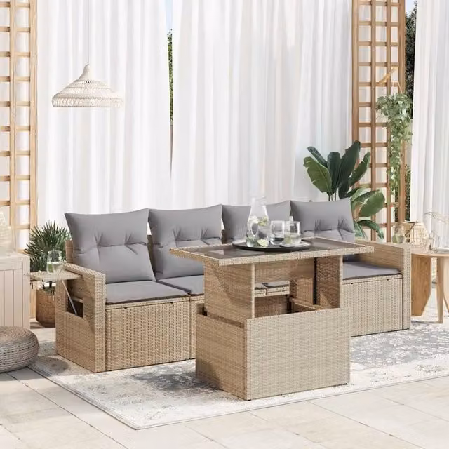 Set Divano da Giardino 5 pz vidaXL in Polyrattan con Cuscini Beige e Grigio per Terrazza o Giardino