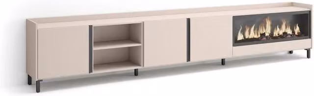 Mobile TV Soggiorno, 315x61x35 cm, Per TV fino a 80", Camino elettrico XXL, Design industriale, Beige
