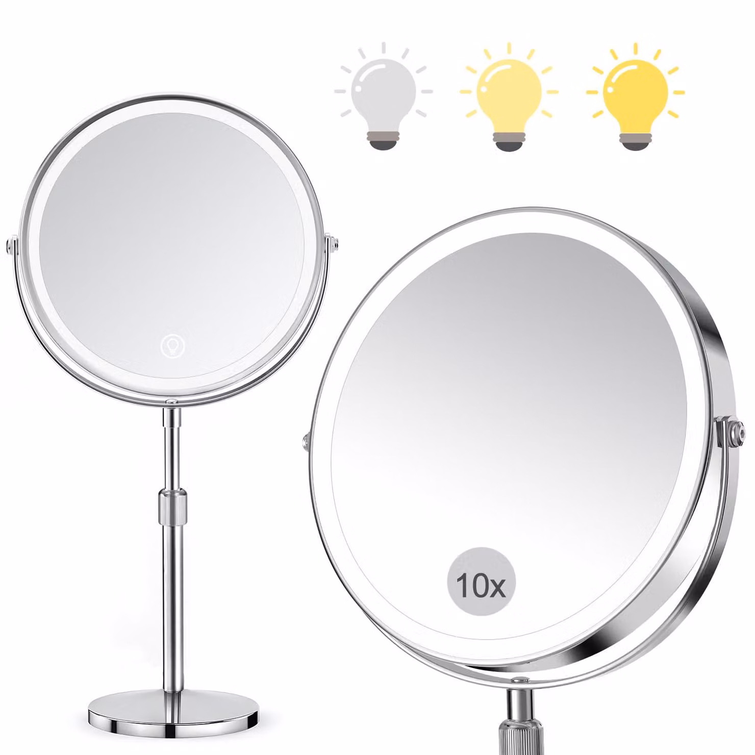 Specchio da trucco SURFOU da 8 pollici con illuminazione, ingrandimento 10X/1X, fronte/retro - Montaggio a parete