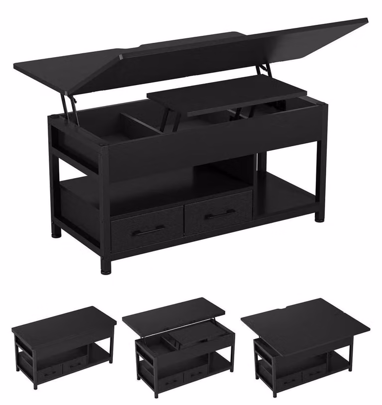 Tavolino da caffè regolabile in altezza, 3-in-1, per soggiorno, colore nero, materiali: MDF e metallo
