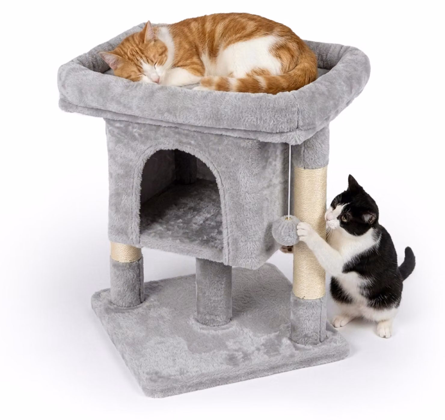 Albero per gatti Relaxdays, con cuccia, 2 pali in sisal e area relax, cuccia morbida, dimensioni: 60x52,5x41 cm, materiale: sisal, colore: grigio chiaro
