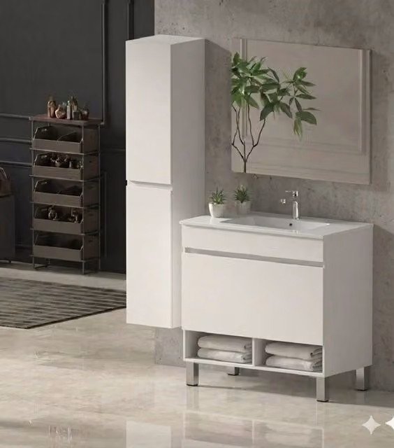 Mobile Bagno NEBARI com gambe Già Montato 1 cassetto, lavabo e specchio Bianco lucido 70x45 cm con colonna
