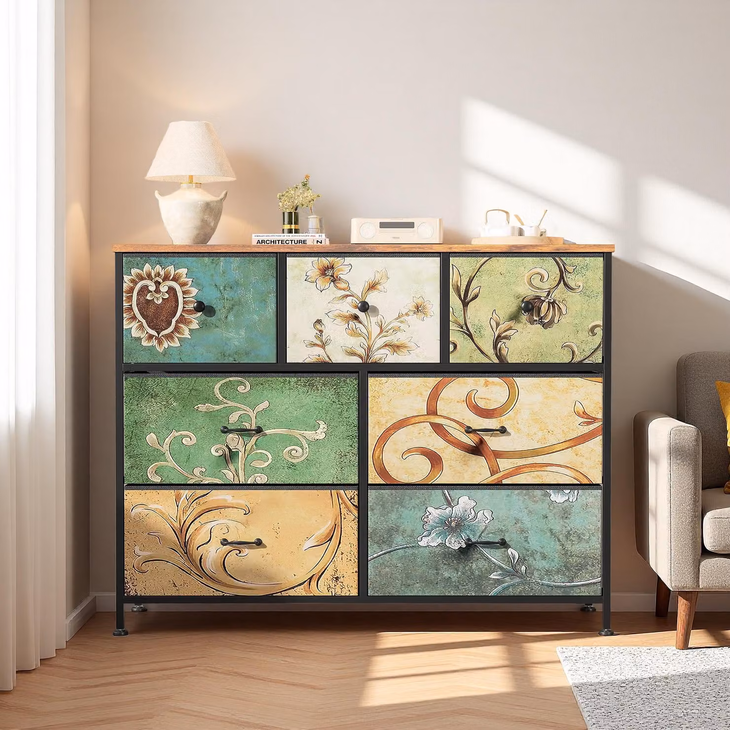 Comodino INONEFT con 7 cassetti, mobile contenitore retro' con piano in legno, cassetti in tessuto e struttura in metallo, adatto per camera da letto o soggiorno, dimensioni 30x78x100 cm