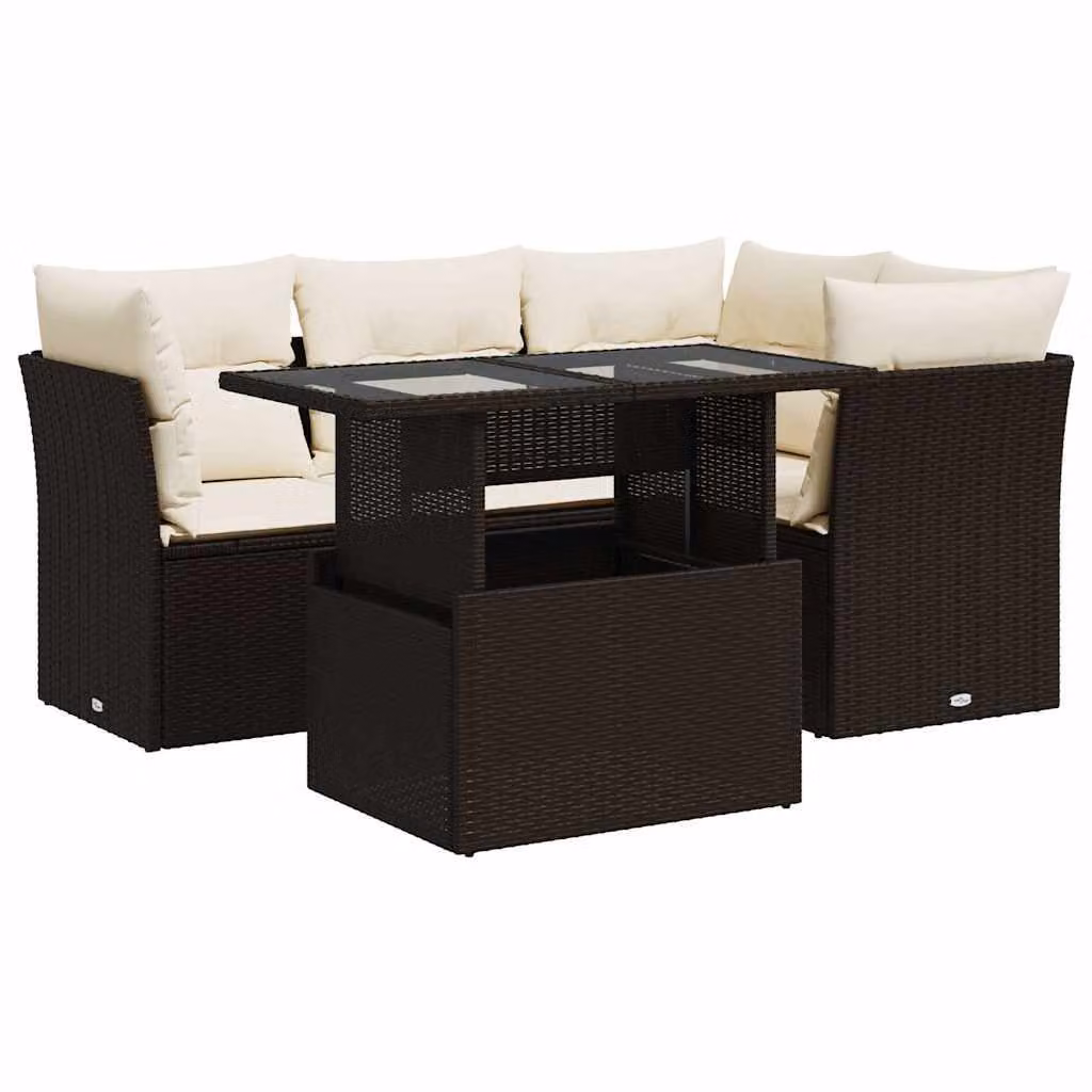 Set Divano da Giardino 5 pz con Cuscini Marrone in Polyrattan