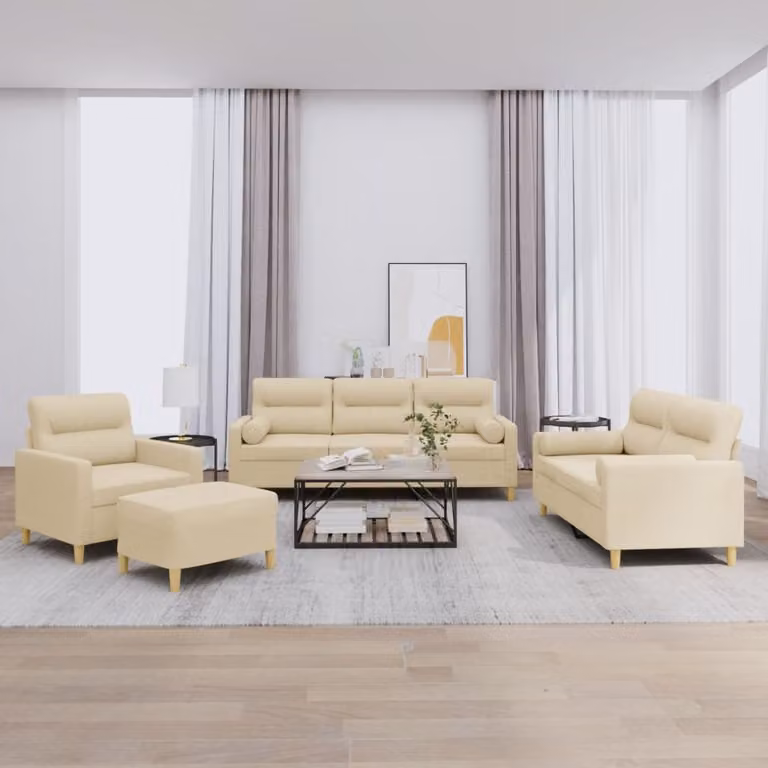 Set di divani vidaXL 4 pezzi in tessuto beige con cuscini e pouf per soggiorno