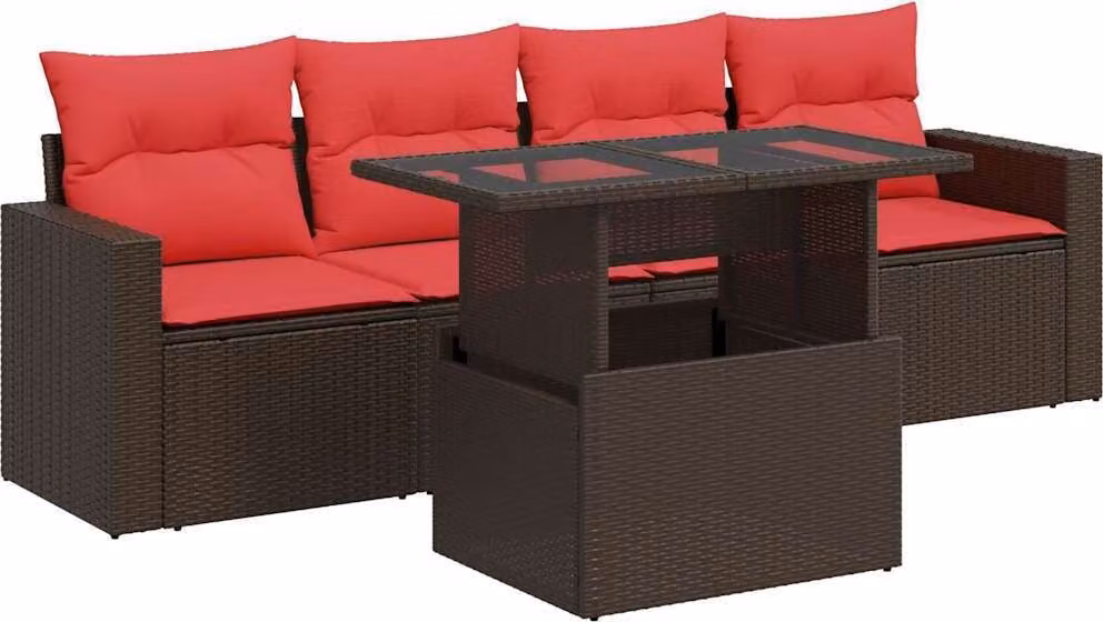 Set Divano da Giardino 5 pz Cuscini Marrone Polyrattan e Acacia