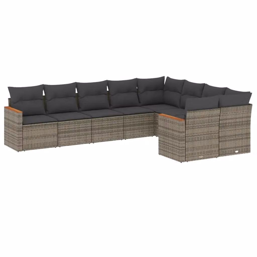 vidaXL Set Divano da Giardino a L 9 pz in Polyrattan e Legno di Acacia con Cuscini Grigio – 2